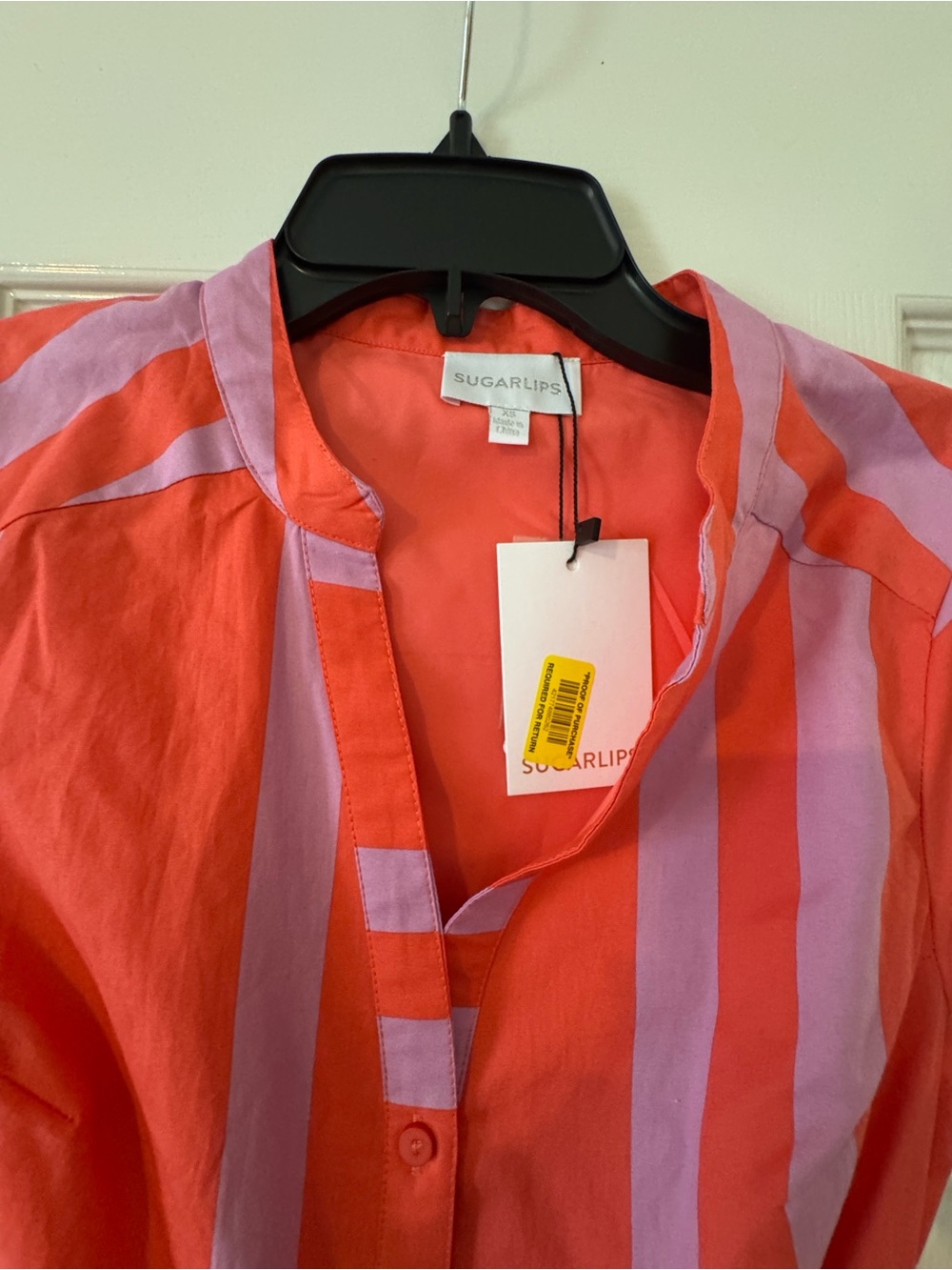 Sugarlips Coral Red & Light Pink Striped Button Tie-Waist Dress - Picture 3 of 4